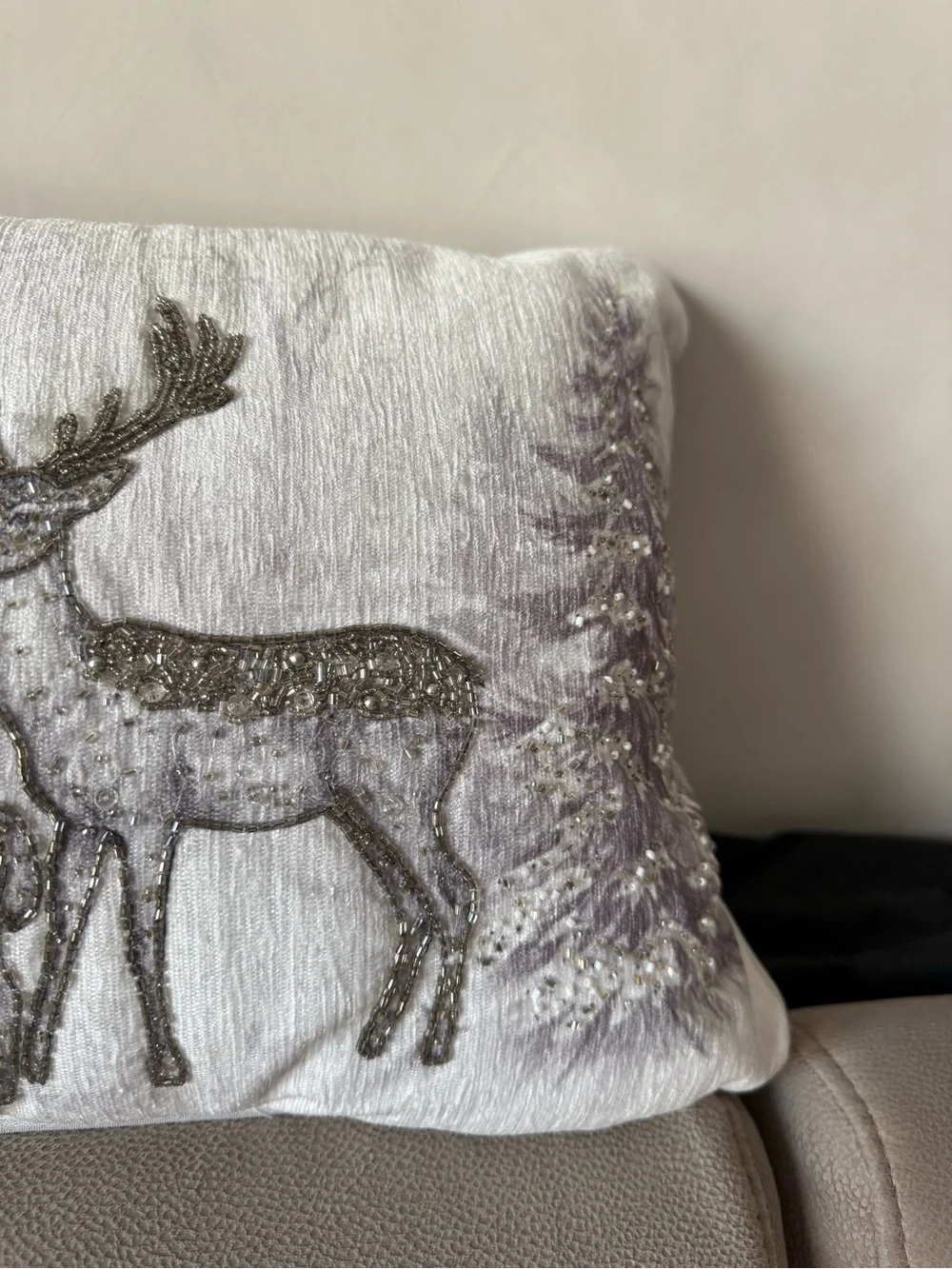 Holiday Deer Decorative Hand made Pillow India- White and Gray